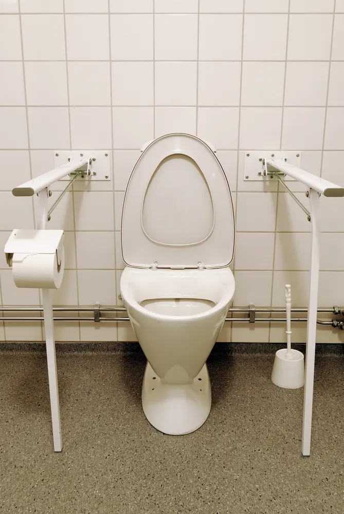 Over-toilet aid and toilet seat rails in a bathroom