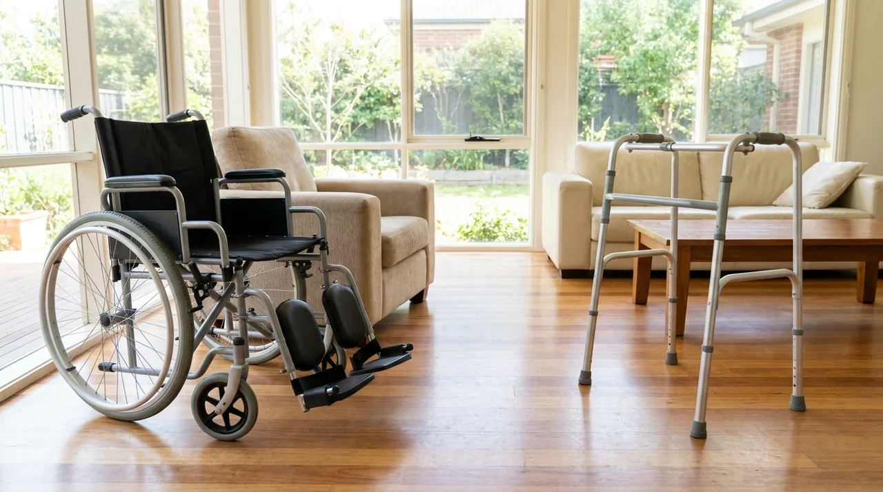 Manual wheelchair and walking frame beside seating in a living room.