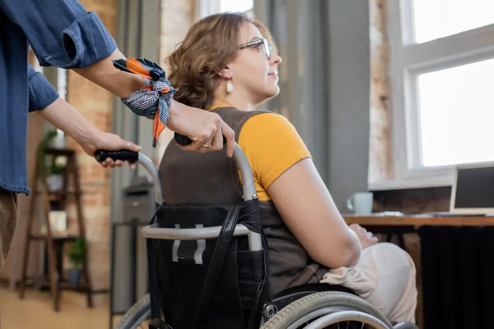 Person standing behind a wheelchair user beside a window
