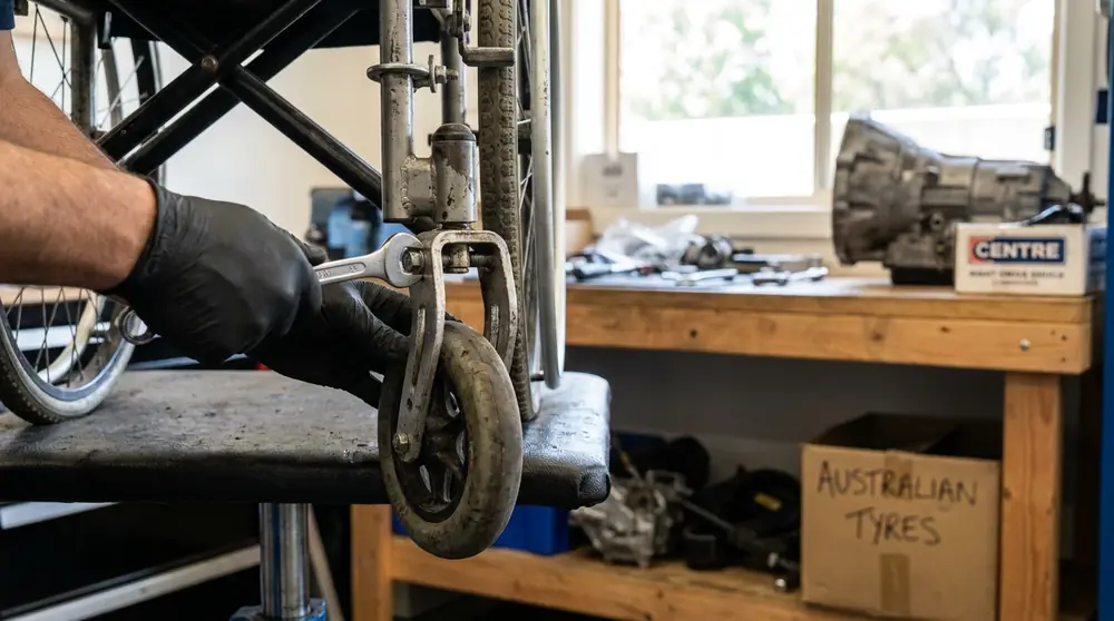 Hands checking the wheel and tyre of a wheelchair beside a workbench.