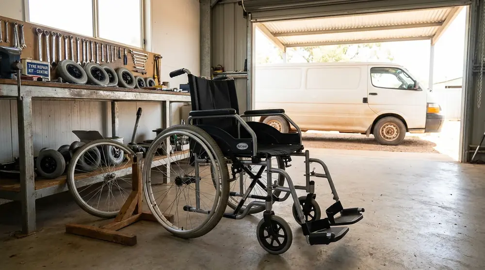 Manual wheelchair among wheels and spare parts in a workshop