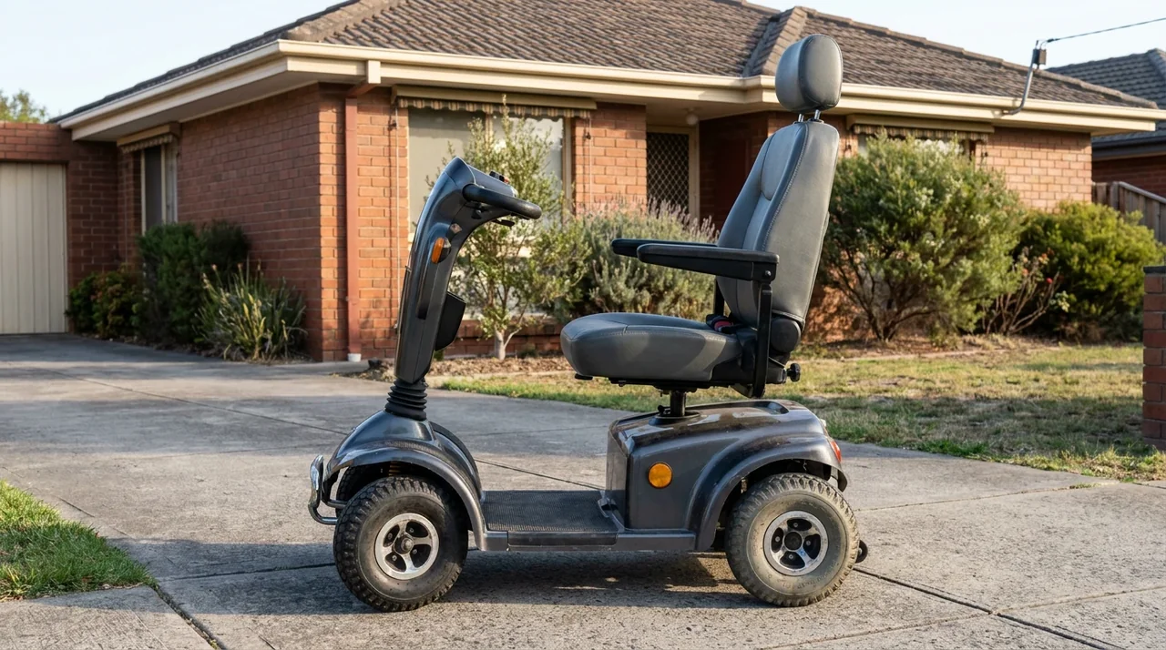 Blue four-wheel mobility scooter on a driveway outside a brick home.