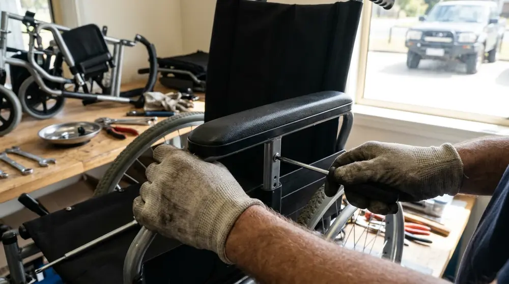 Hands adjusting a wheelchair armrest in a workshop