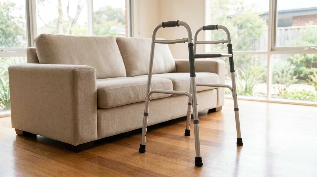 Aluminium walking frame with hand grips beside a sofa.